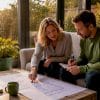 Couple reviewing home extension plans at table