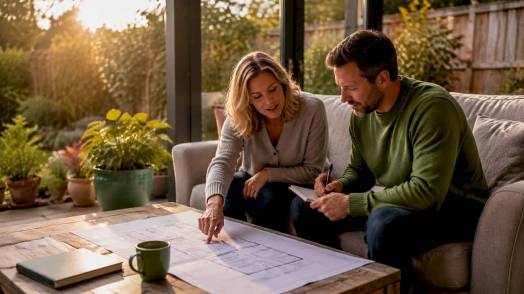 Couple reviewing home extension plans at table