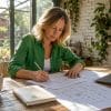 Woman reviewing house renovation checklist at kitchen table