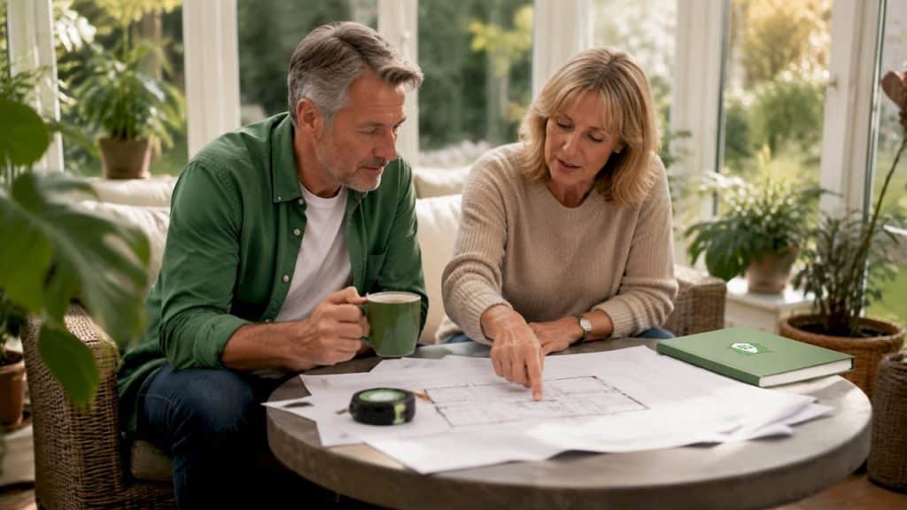 Couple reviewing home extension plans at kitchen table