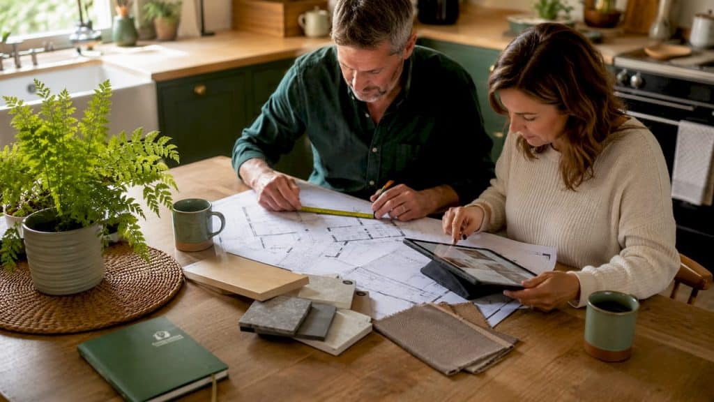 Couple planning home extension at dining table