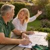 Couple planning home extension outside house
