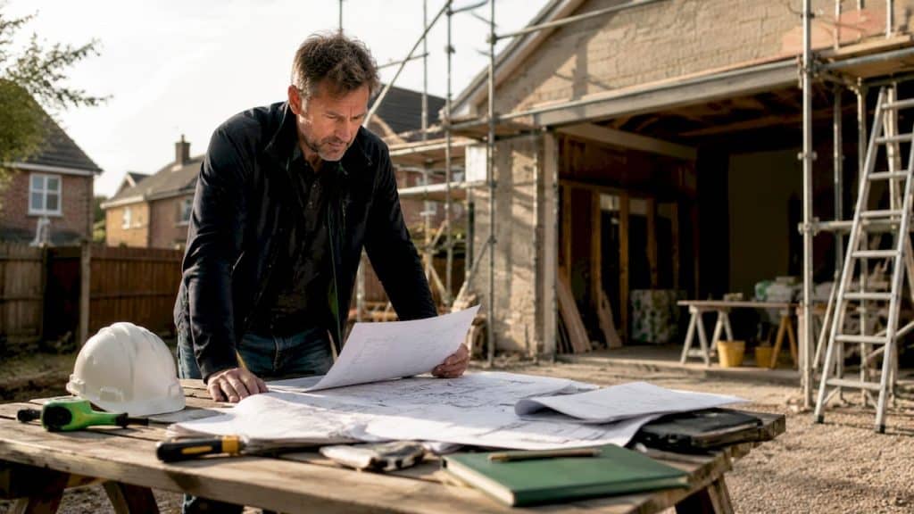 Man reviewing building regulations in garage conversion