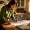 Homeowner reviewing kitchen diner extension plans in bright room