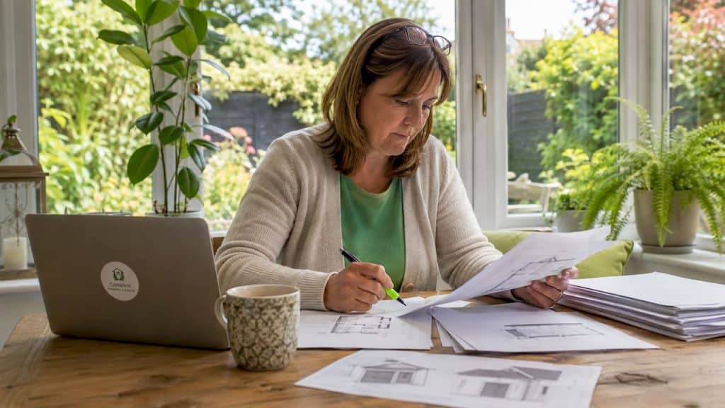Woman reviewing garage conversion planning papers