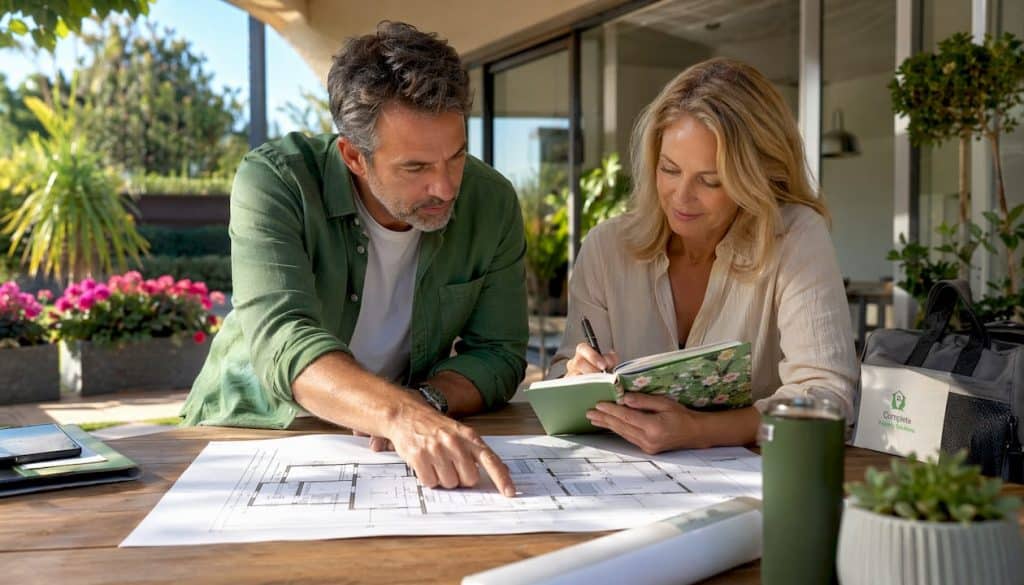 Couple planning home extension at kitchen table