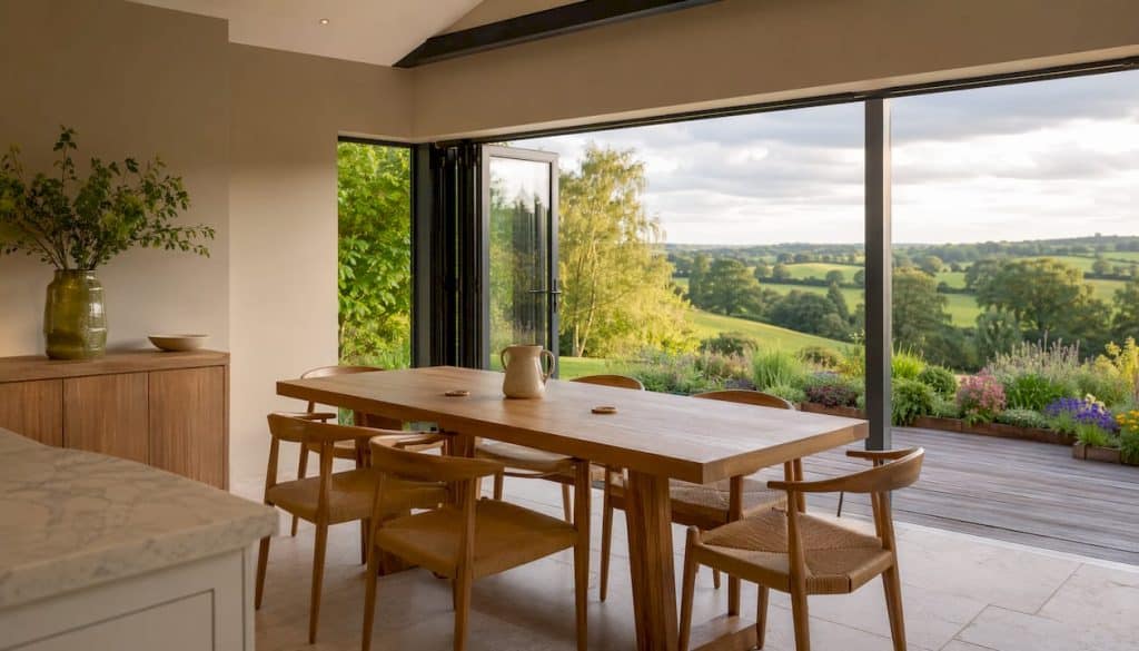 Open-plan dining extension with garden view