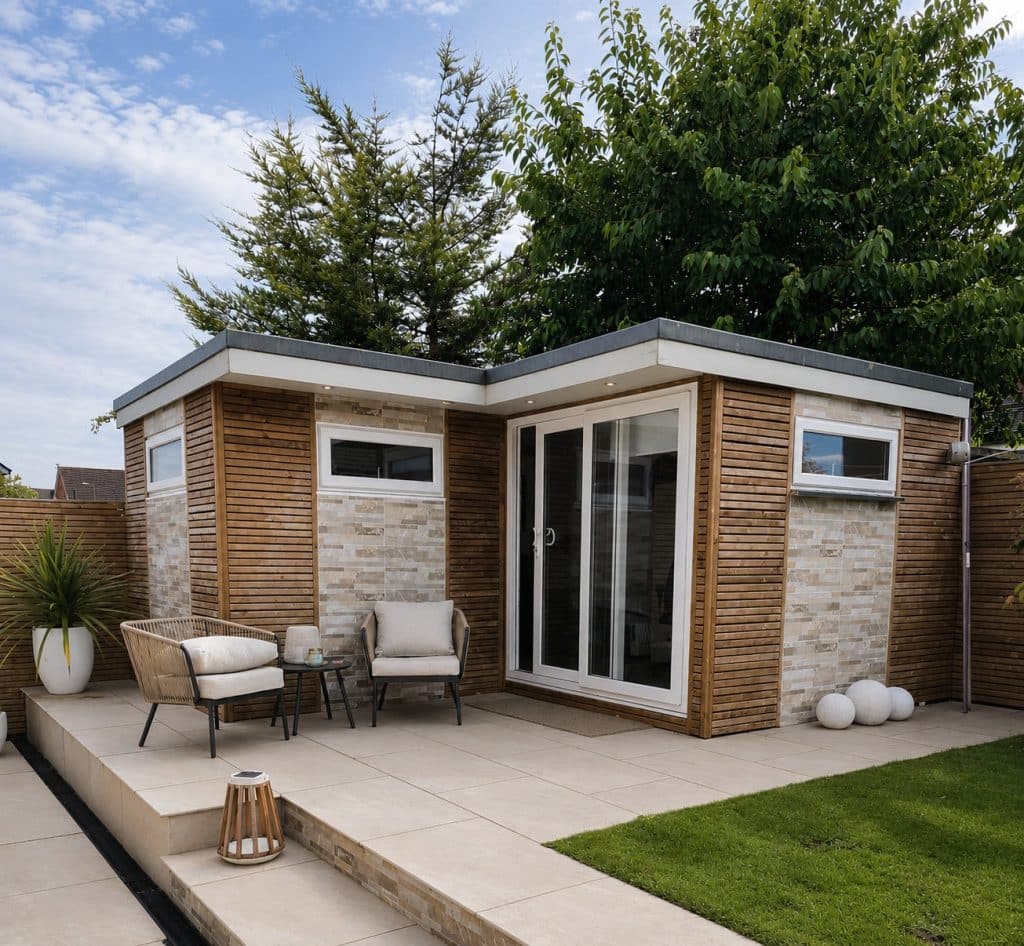 Garden Office with Slatted Timber and Tile Finish in Newton-le-Willows