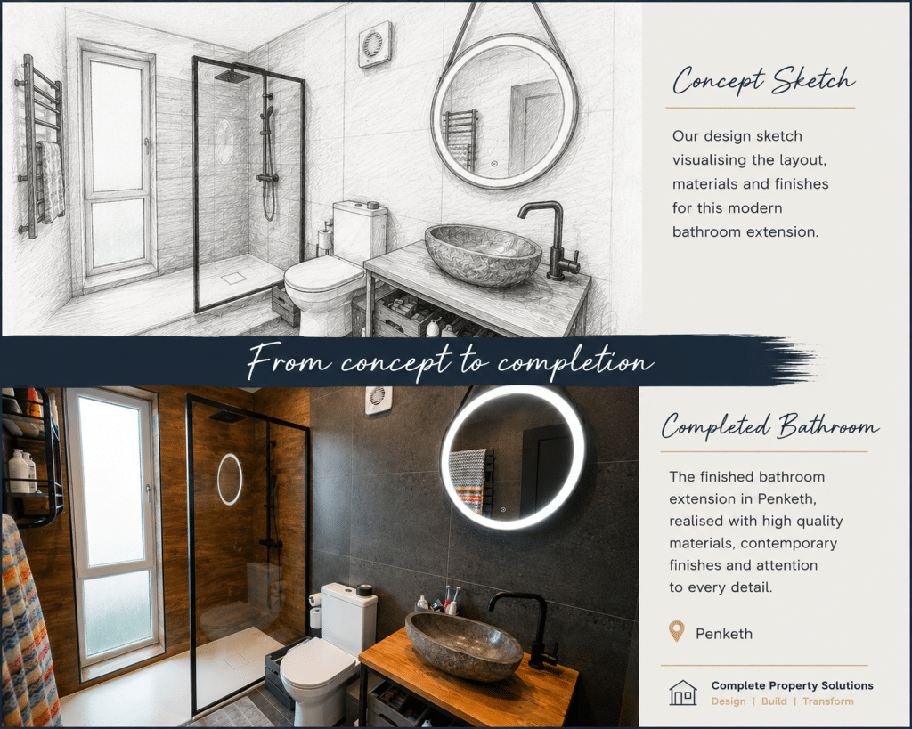 Concept sketch and completed photograph of a modern bathroom extension in Penketh.