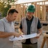 Homeowner reviewing extension plans with builder onsite