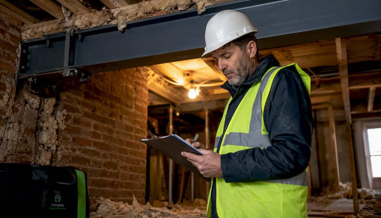 Inspector checking steel beam installation