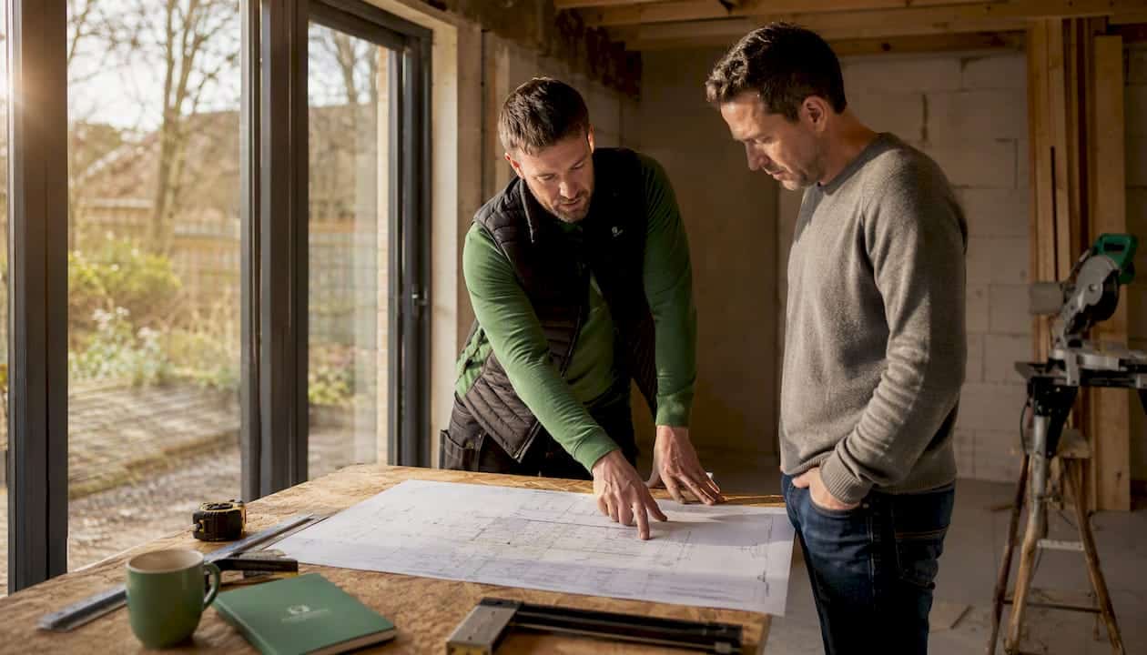 Homeowner and builder reviewing building control plans