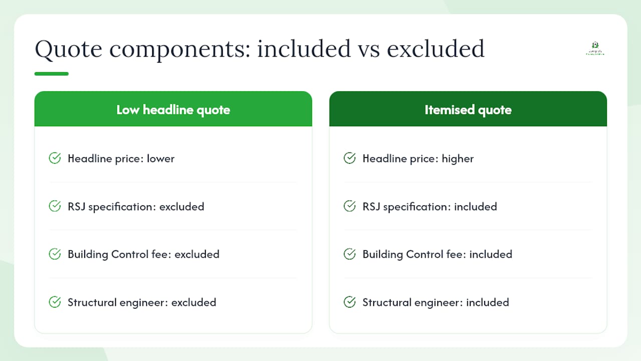 Comparison chart of building quote cost components and hidden fees