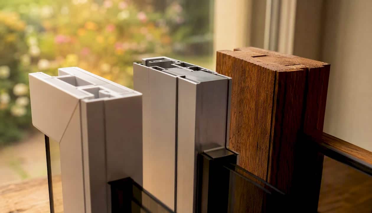 Three orangery frame material samples side by side