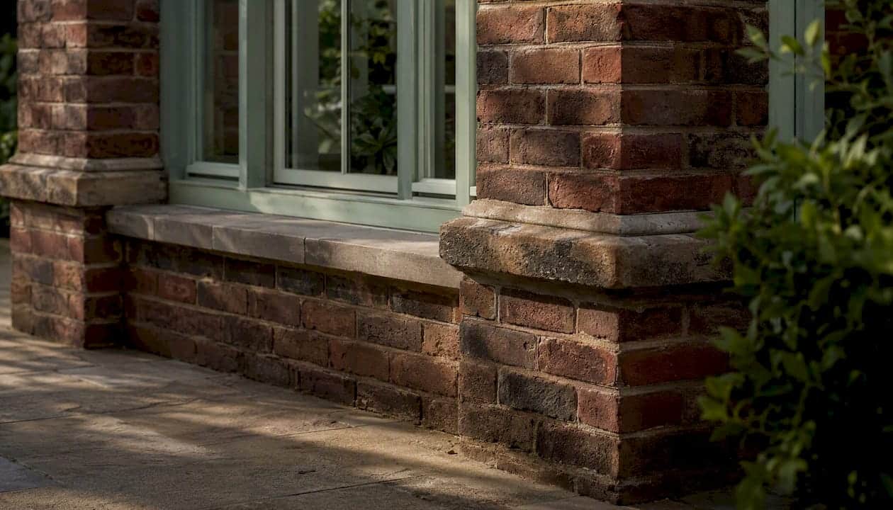 Close-up of brick dwarf walls and piers of orangery