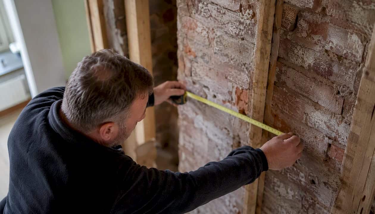 Engineer measuring wall during renovation
