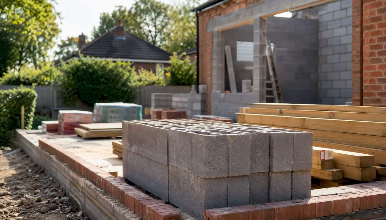 Stacked building materials at construction site