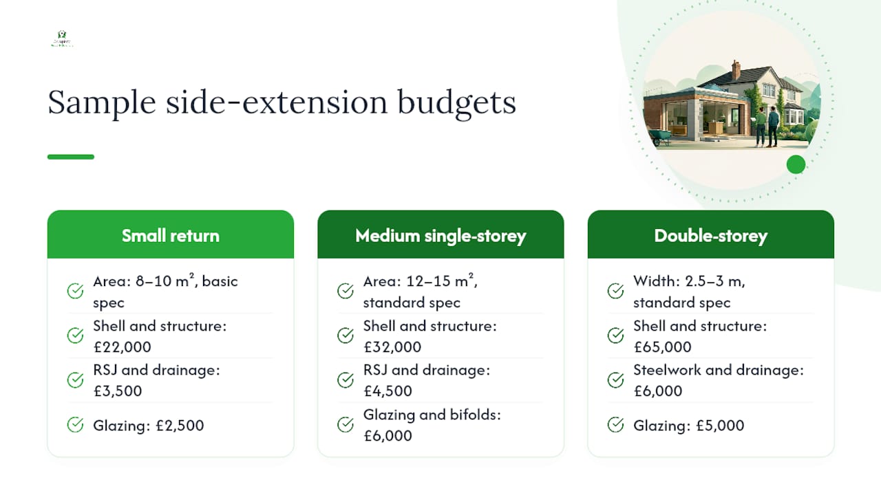 Bar chart of three side extension budgets and their components