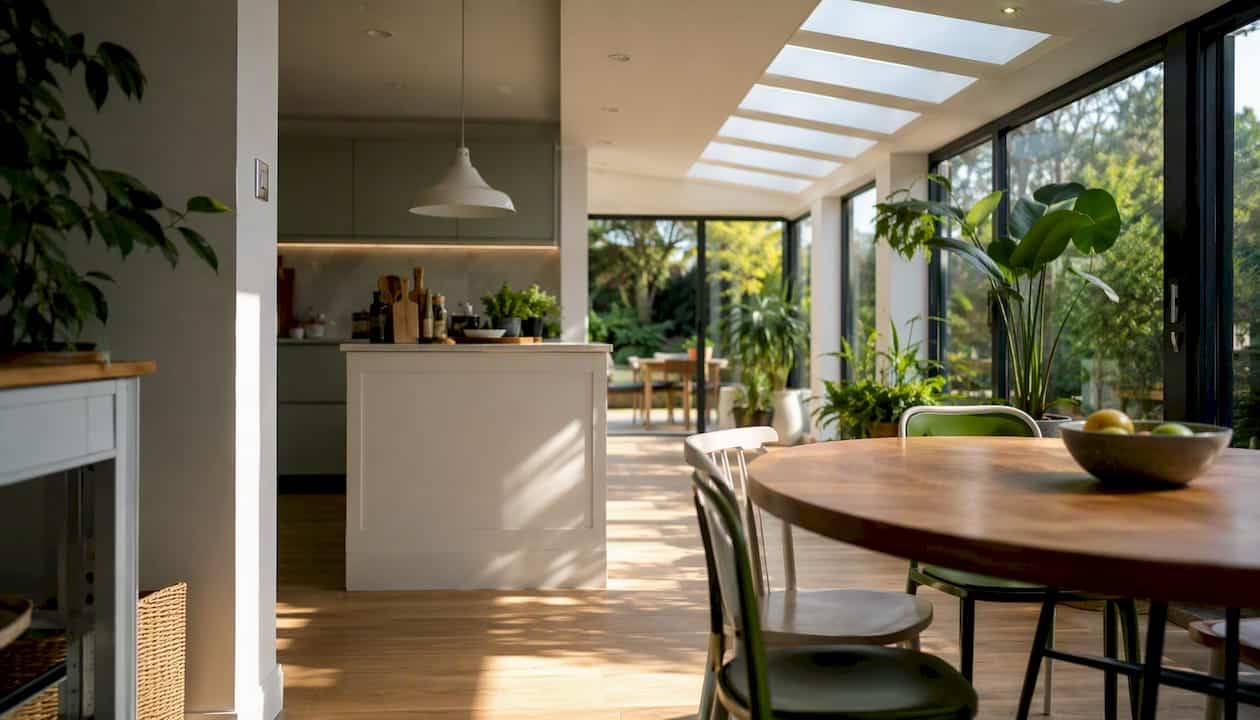 Light-filled kitchen-dining room with rooflights
