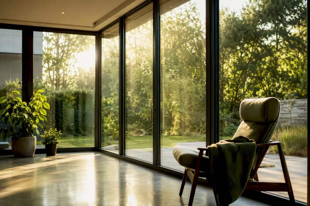 Interior of energy-efficient glass extension with triple glazing