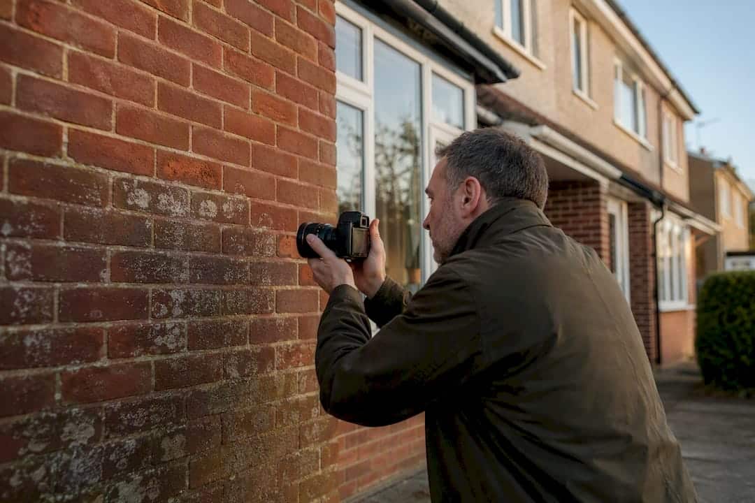Surveyor photographing damp brick wall