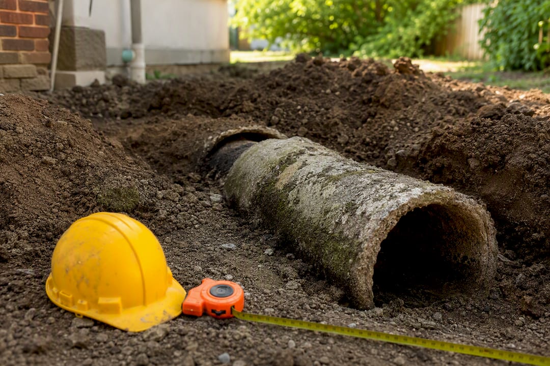 Unearthed sewer pipe segment at home excavation