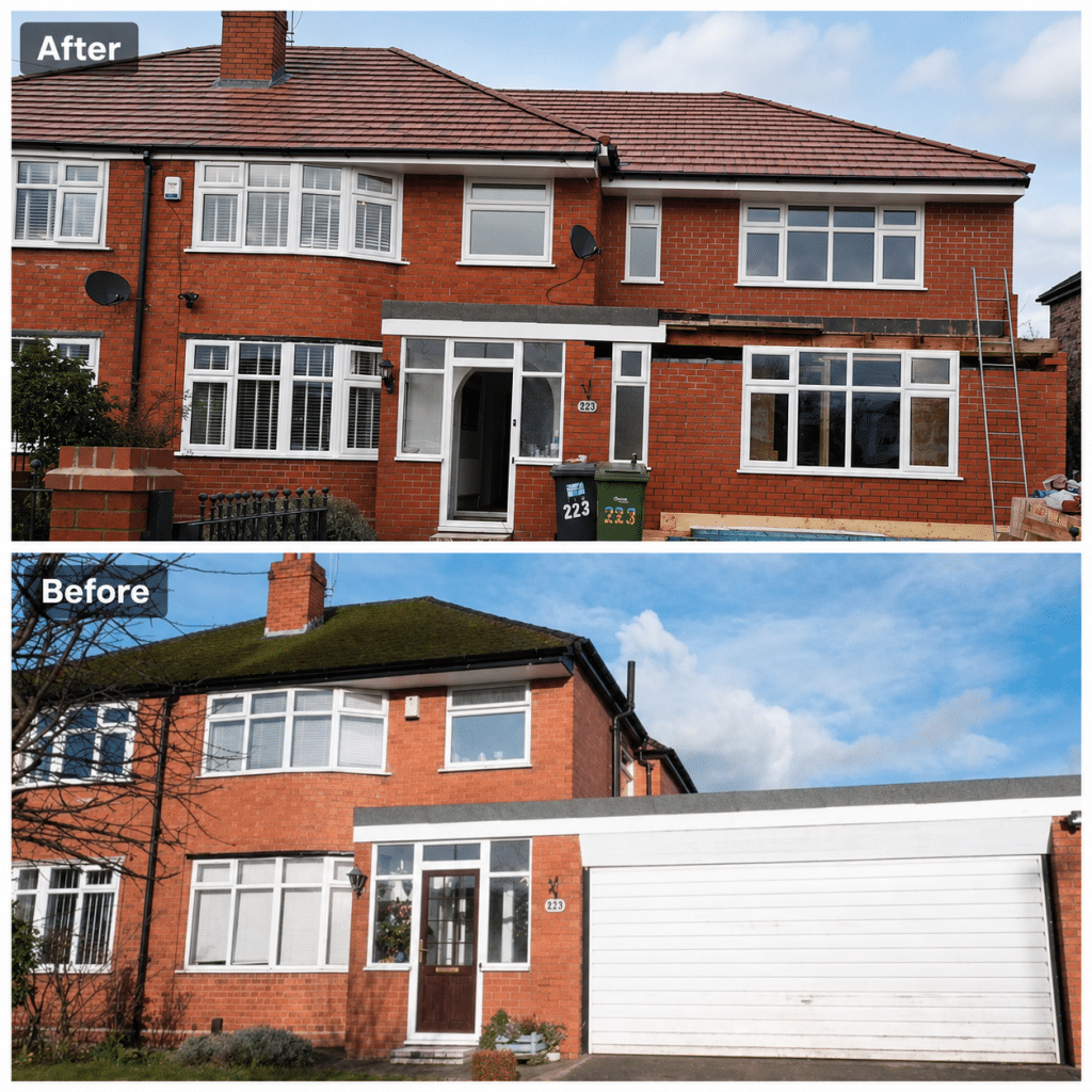 Before-and-after garage conversion with a first-floor extension completed by Complete Property Solutions on Liverpool Road, Great Sankey.