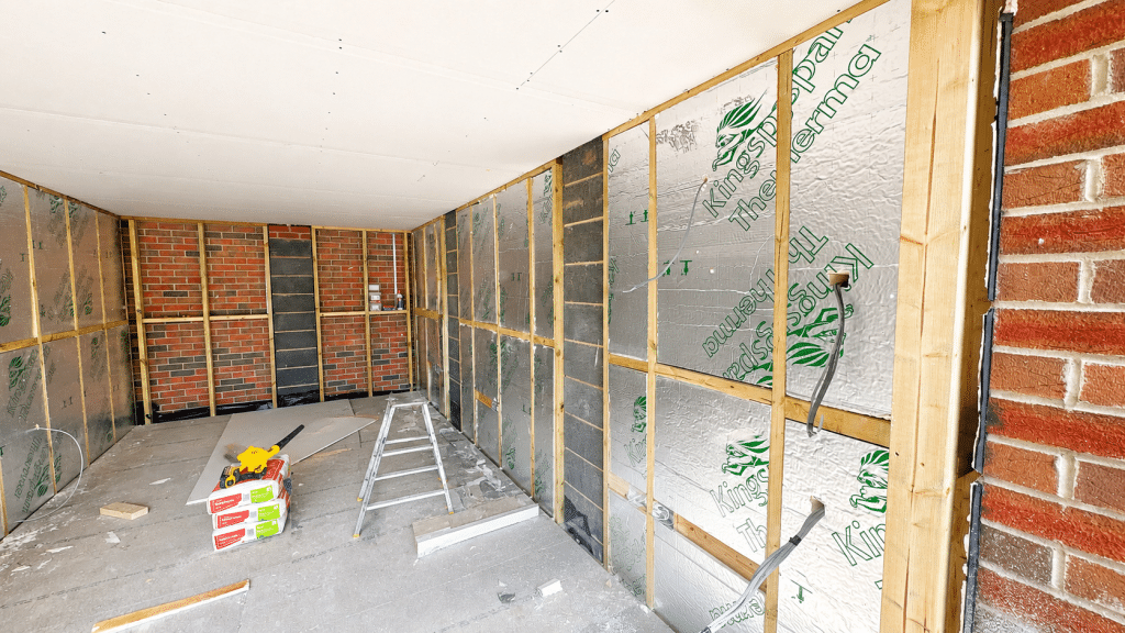 Timber framing and insulated walls during a property renovation in Newton-le-Willows by Complete Property Solutions.