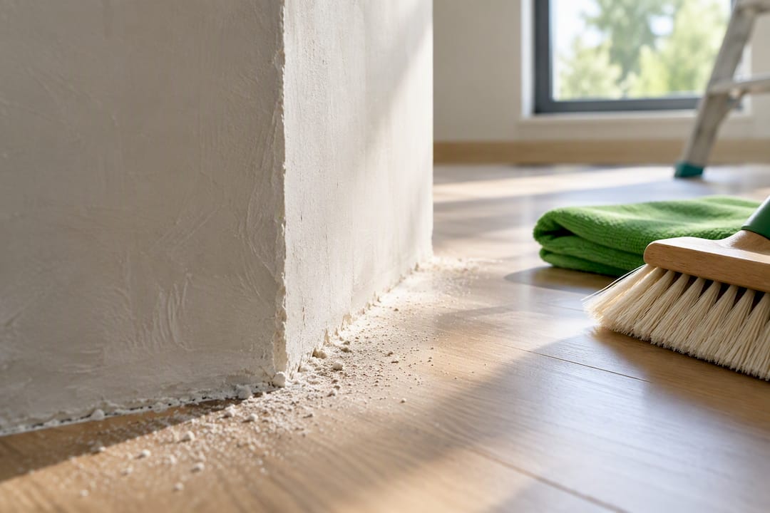 Fine dust settled beside fresh plaster