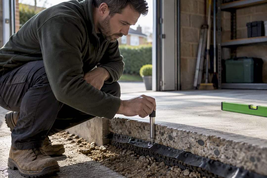 Surveyor inspecting garage slab depth