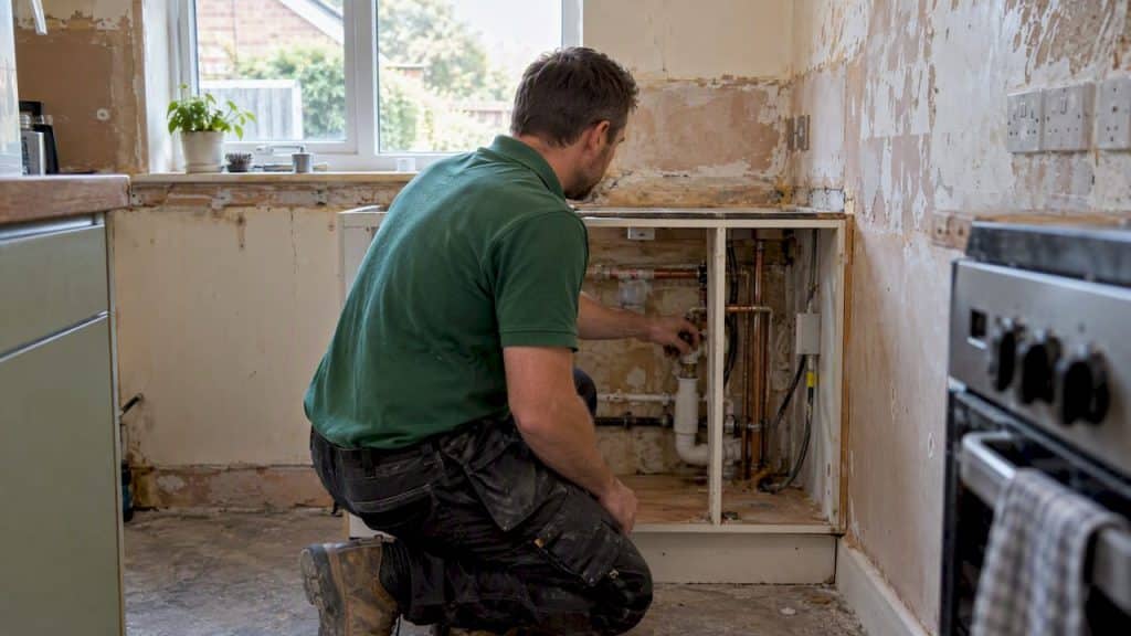 Builder checking exposed kitchen services safely