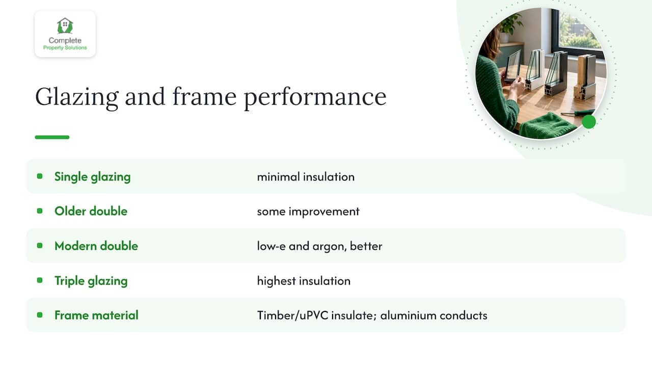 Typical U-values for single, double and triple glazing — overview diagram