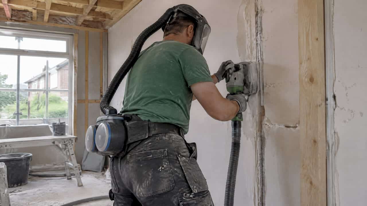 Worker wearing powered respirator during renovation