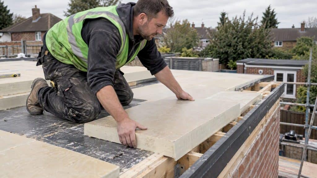 Builder laying insulation on an extension roof