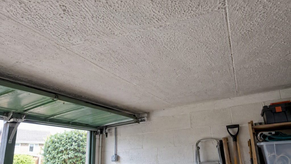 Intact textured ceiling inside a domestic garage