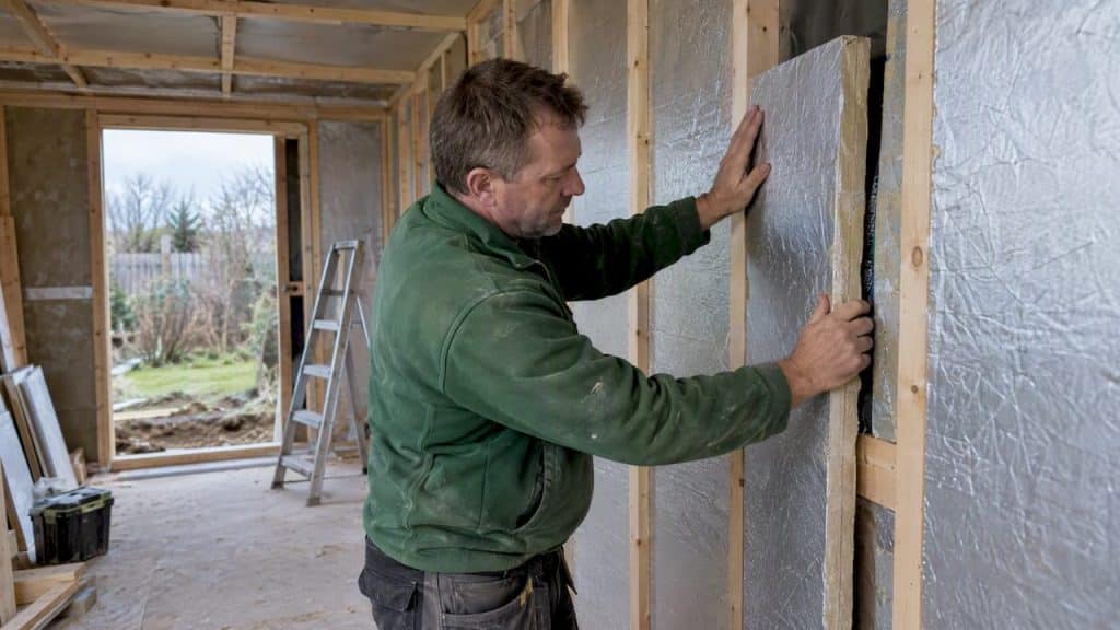 Builder fitting insulation between garden room studs