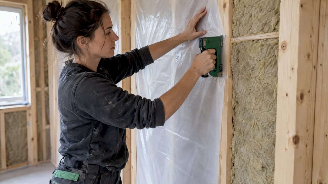 Builder fixing membrane over insulated wall
