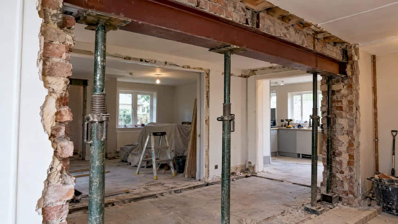 Steel beam held by temporary props